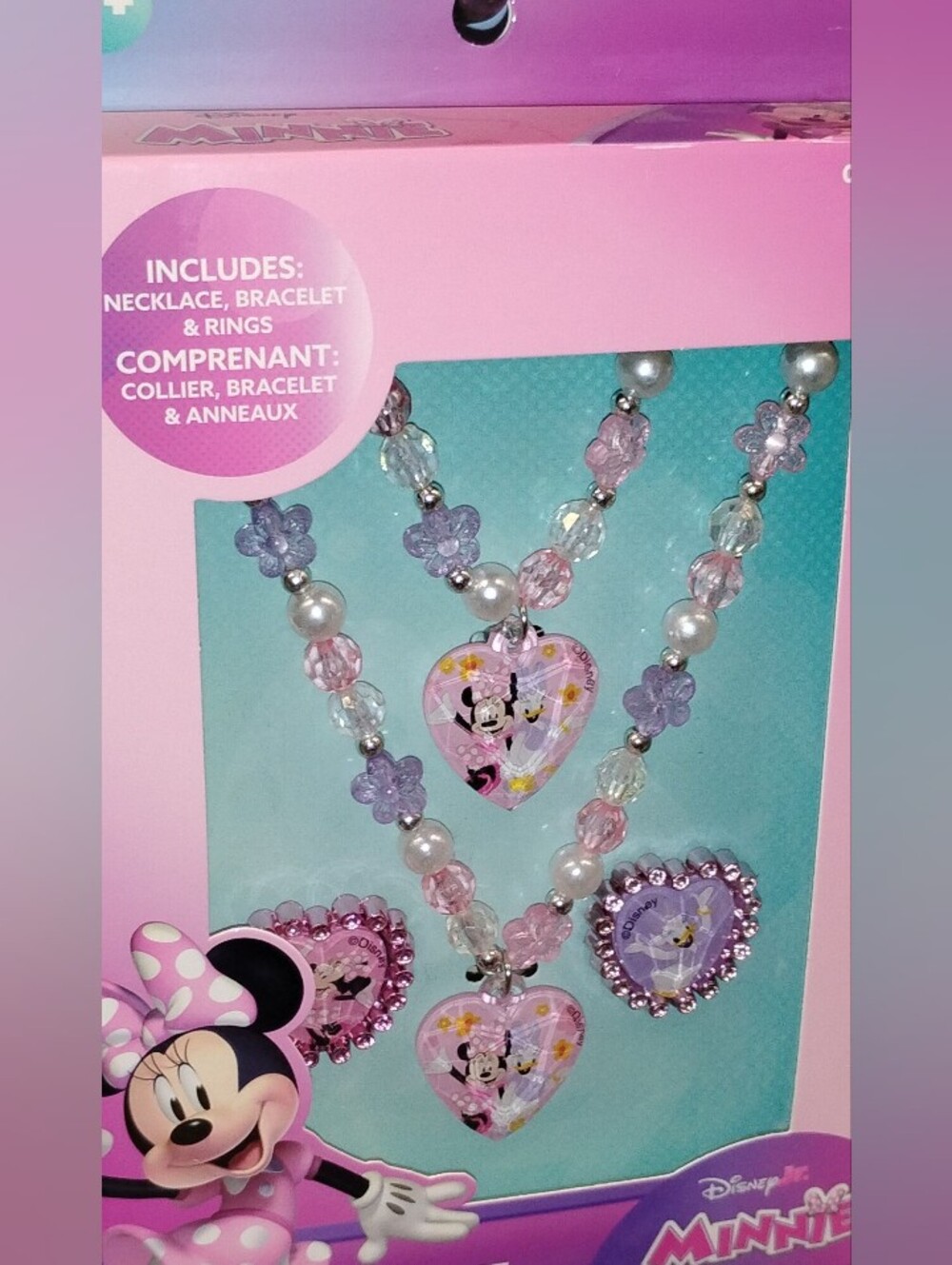 Disney Minnie Mouse Pink and Purple Heart Necklace & Bracelet Jewelry Set